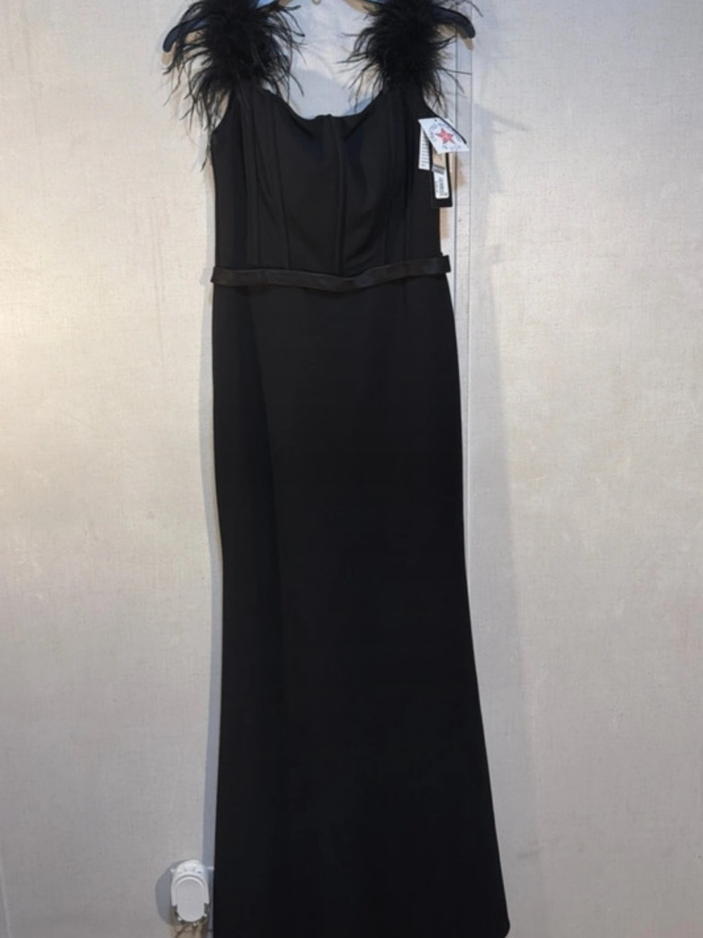 Betsy & Adam Black Feather-Trim Long Evening Dress
